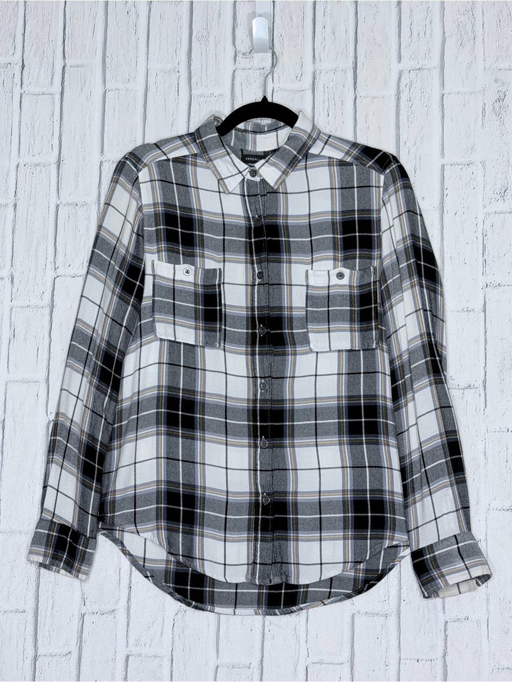 🖤 Kendall & Kylie Plaid Button Front Shirt Black White Gray Gold Size S